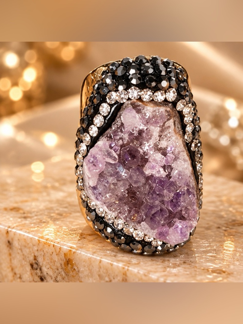 Natural Amethyst Crystal Rhinestone Statement Ring